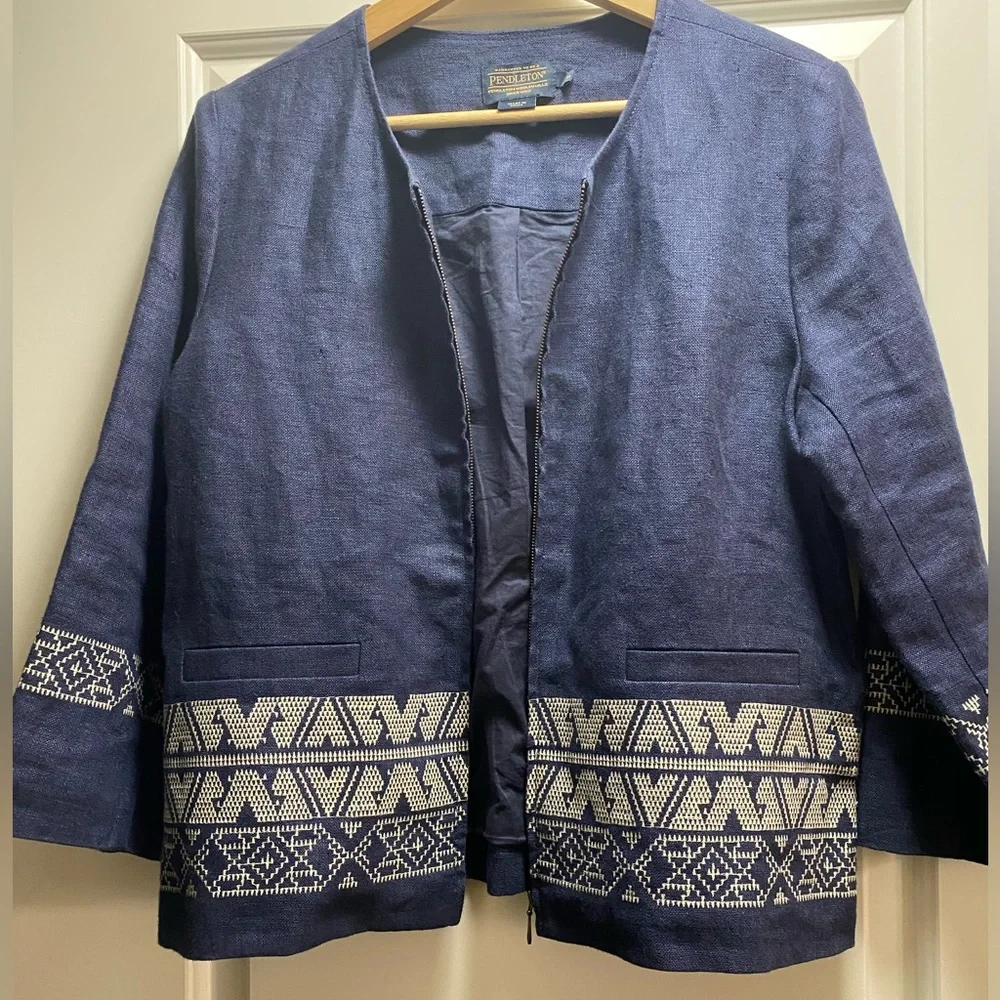 PENDLETON LINEN EMBROIDERED FULL ZIP BOXY BLAZER M - Picture 5 of 9